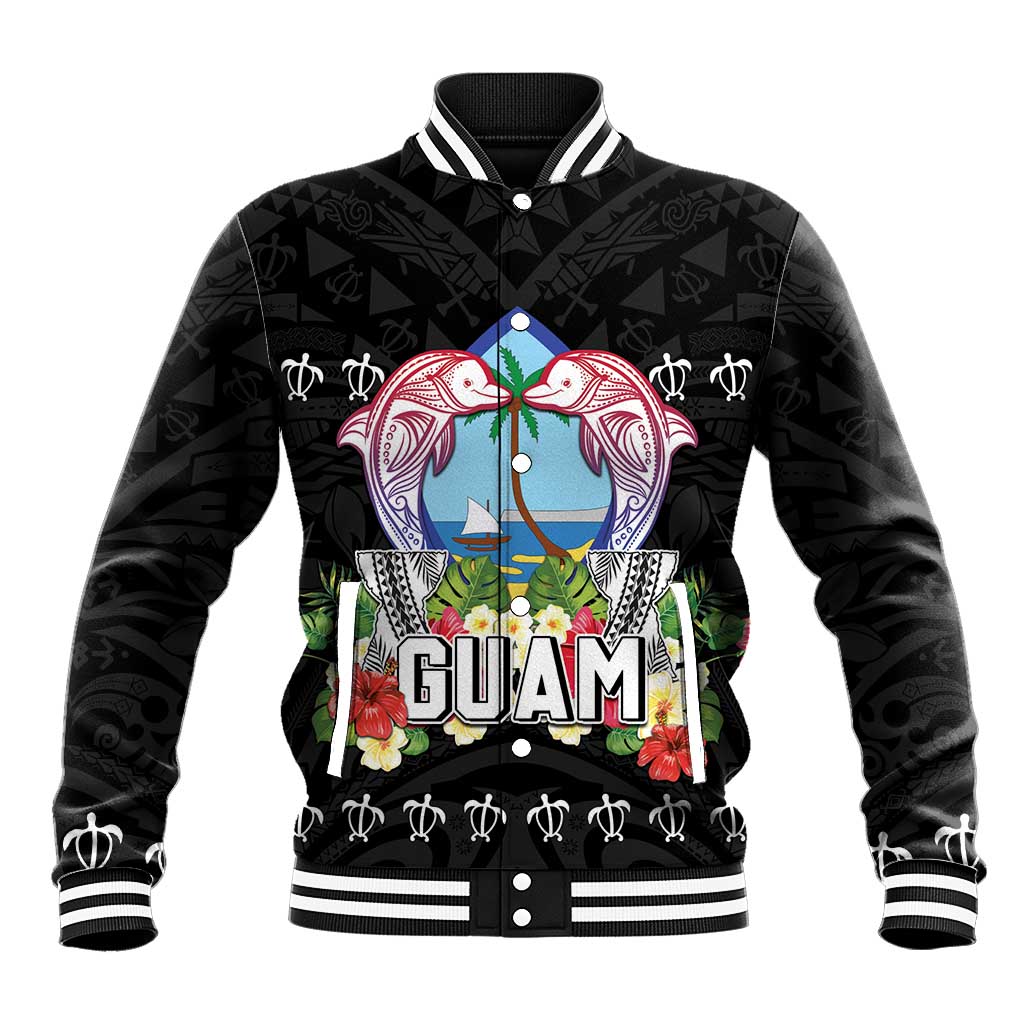 Guam Chamorro Baseball Jacket Tribal Latte Stone With Dolphins Black