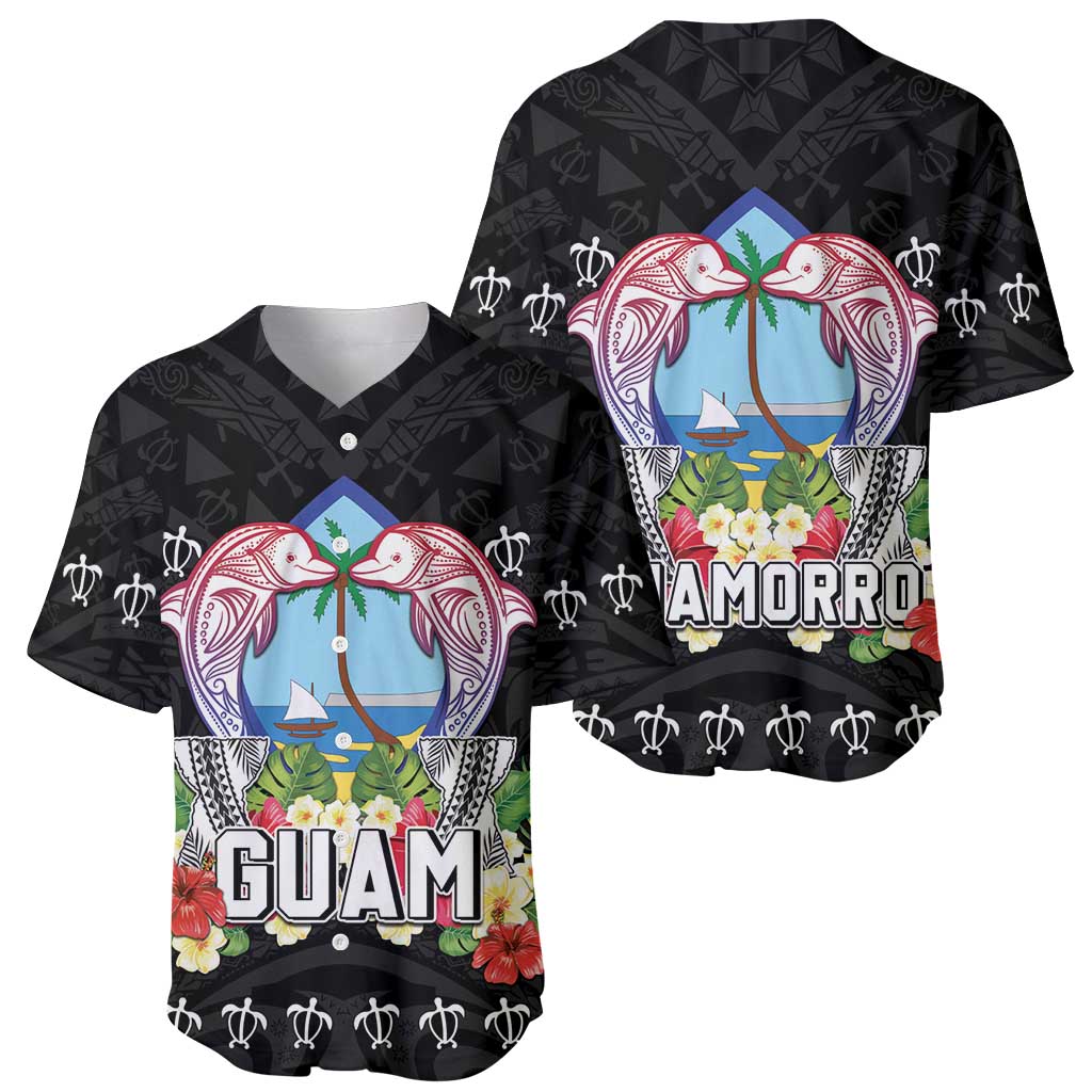 Guam Chamorro Baseball Jersey Tribal Latte Stone With Dolphins Black