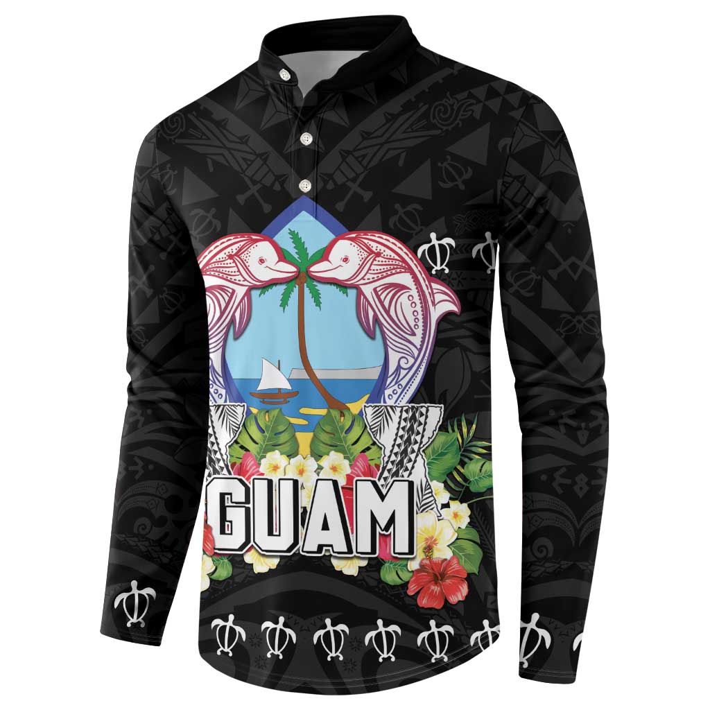 Guam Chamorro Button Sweatshirt Tribal Latte Stone With Dolphins Black