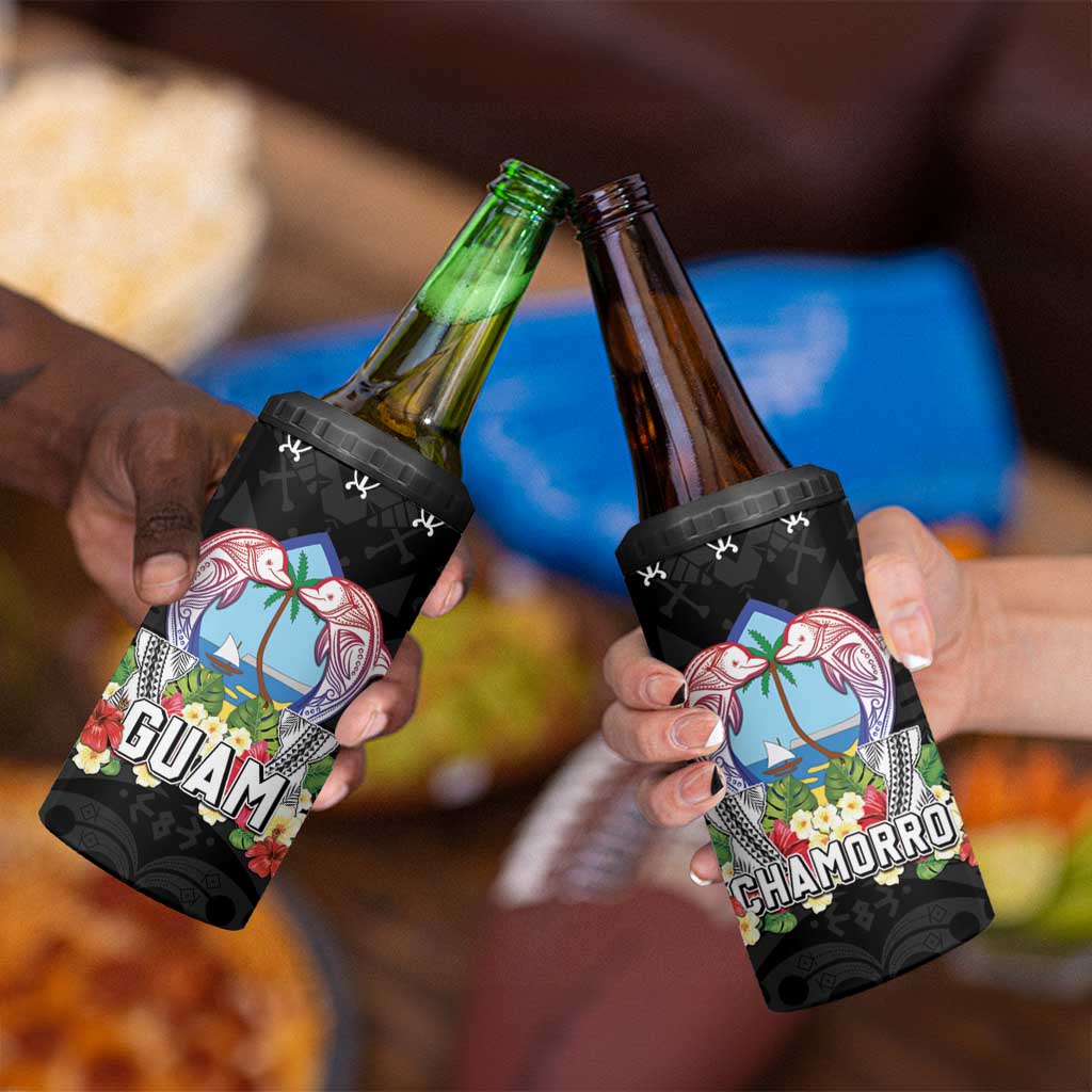 Guam Chamorro 4 in 1 Can Cooler Tumbler Tribal Latte Stone With Dolphins Black