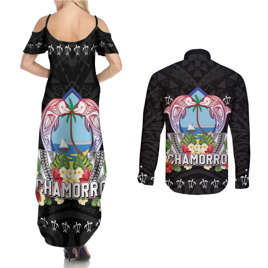 Guam Chamorro Couples Matching Summer Maxi Dress and Long Sleeve Button Shirt Tribal Latte Stone With Dolphins Black