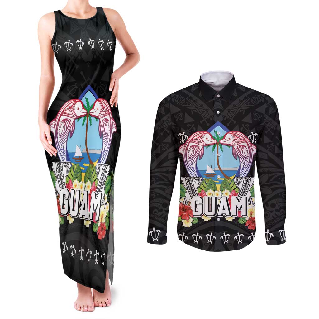 Guam Chamorro Couples Matching Tank Maxi Dress and Long Sleeve Button Shirt Tribal Latte Stone With Dolphins Black