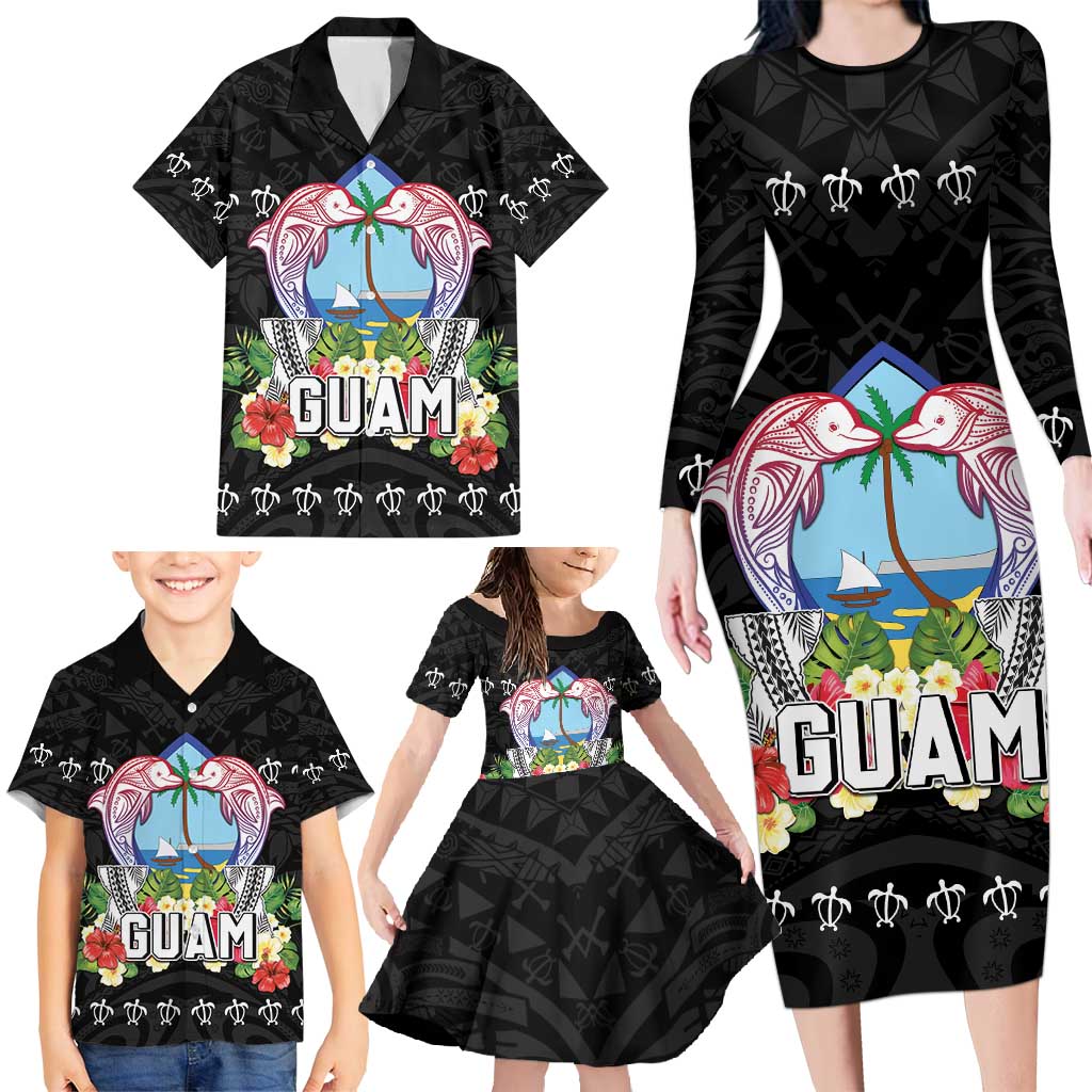 Guam Chamorro Family Matching Long Sleeve Bodycon Dress and Hawaiian Shirt Tribal Latte Stone With Dolphins Black