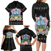 Guam Chamorro Family Matching Long Sleeve Bodycon Dress and Hawaiian Shirt Tribal Latte Stone With Dolphins Black