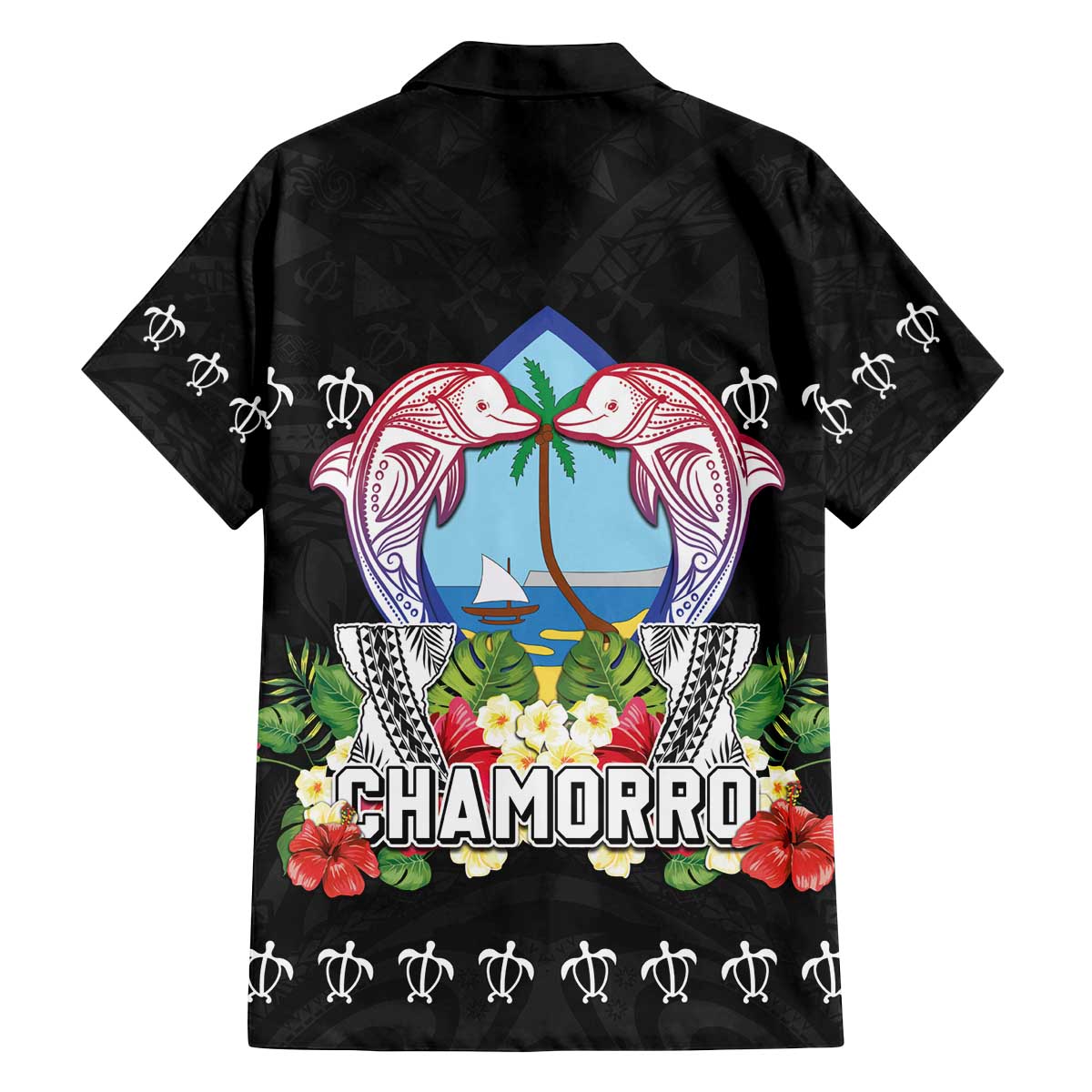 Guam Chamorro Family Matching Off The Shoulder Long Sleeve Dress and Hawaiian Shirt Tribal Latte Stone With Dolphins Black
