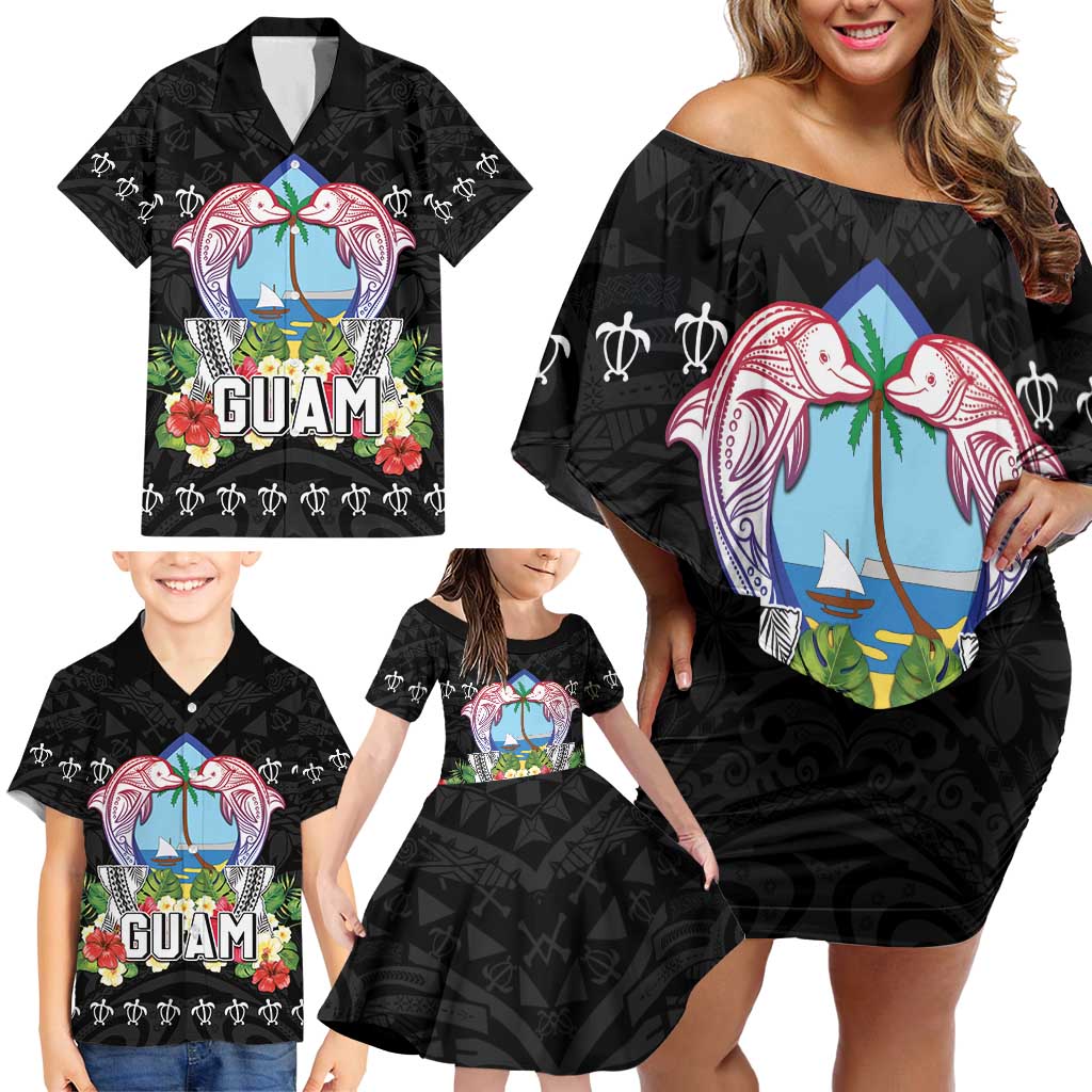 Guam Chamorro Family Matching Off Shoulder Short Dress and Hawaiian Shirt Tribal Latte Stone With Dolphins Black