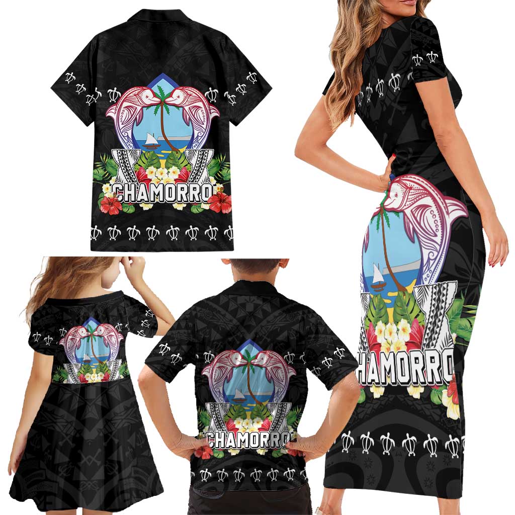 Guam Chamorro Family Matching Short Sleeve Bodycon Dress and Hawaiian Shirt Tribal Latte Stone With Dolphins Black