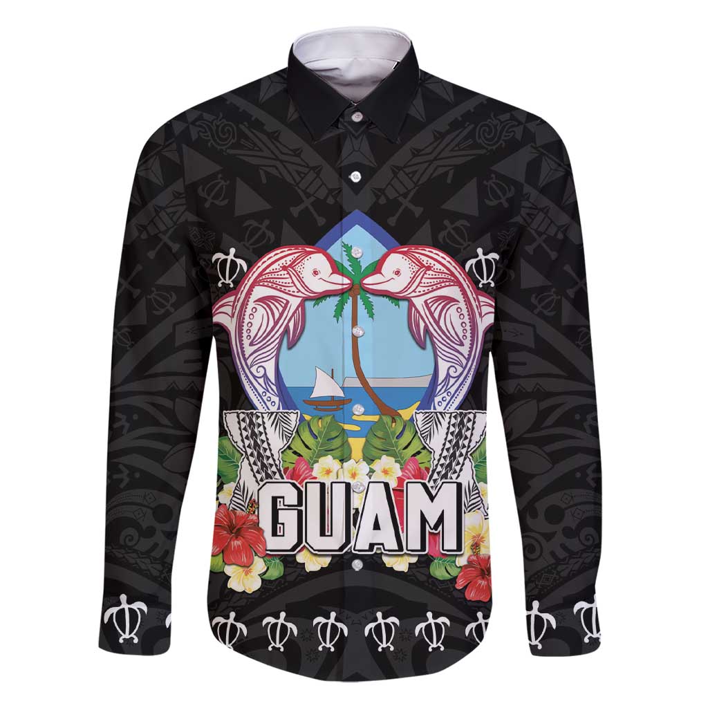 Guam Chamorro Family Matching Short Sleeve Bodycon Dress and Hawaiian Shirt Tribal Latte Stone With Dolphins Black