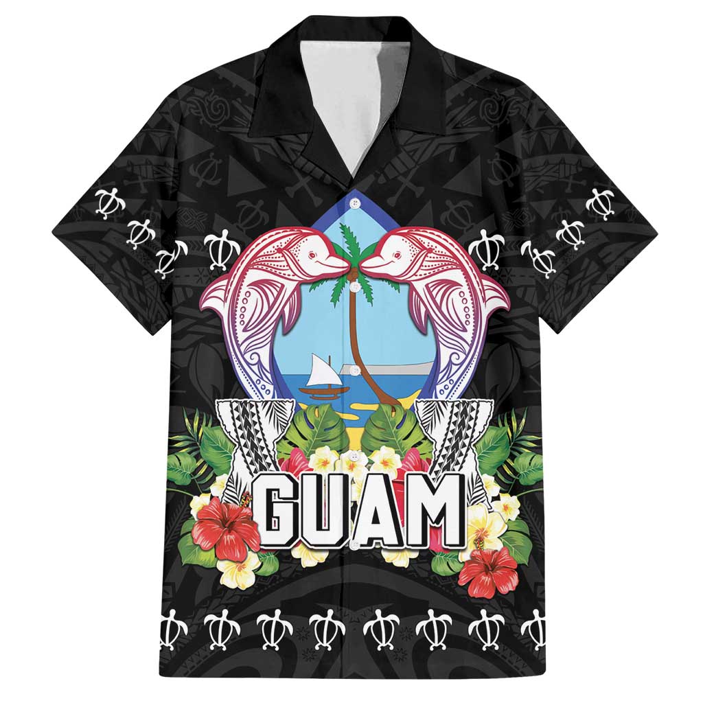 Guam Chamorro Family Matching Summer Maxi Dress and Hawaiian Shirt Tribal Latte Stone With Dolphins Black