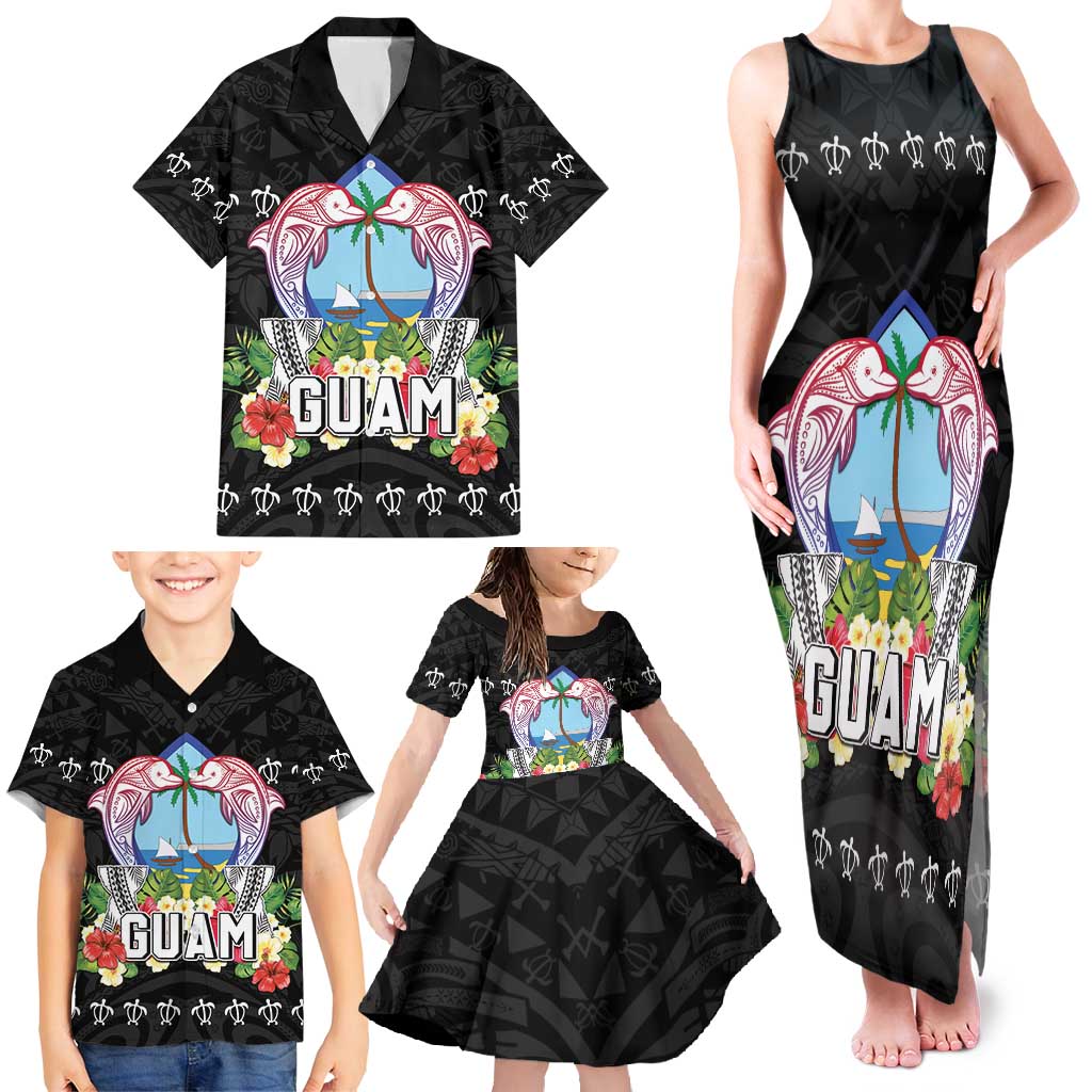 Guam Chamorro Family Matching Tank Maxi Dress and Hawaiian Shirt Tribal Latte Stone With Dolphins Black