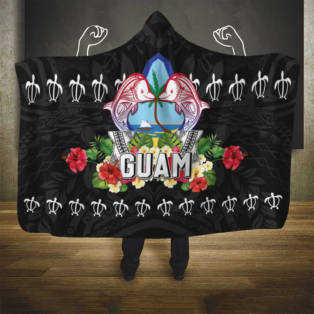 Guam Chamorro Hooded Blanket Tribal Latte Stone With Dolphins Black