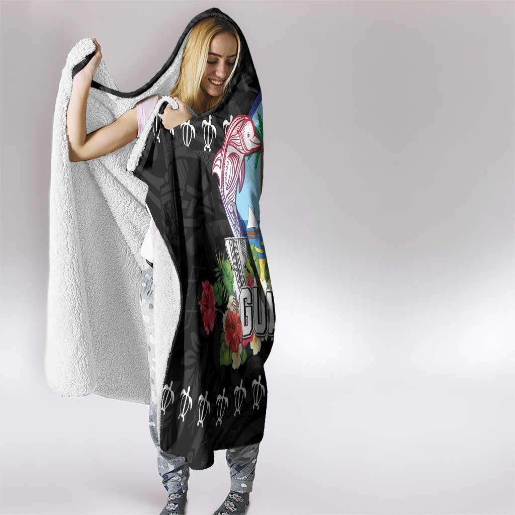 Guam Chamorro Hooded Blanket Tribal Latte Stone With Dolphins Black