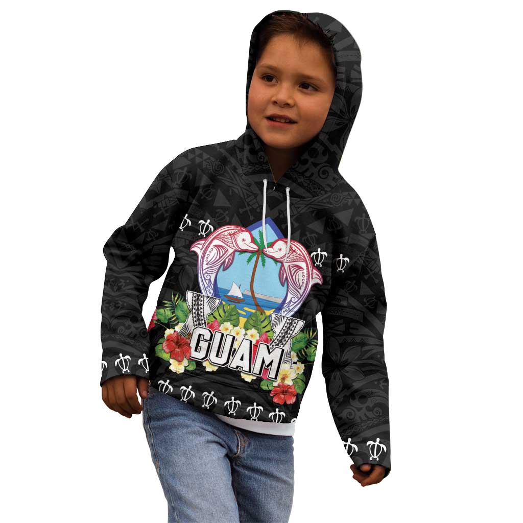 Guam Chamorro Kid Hoodie Tribal Latte Stone With Dolphins Black