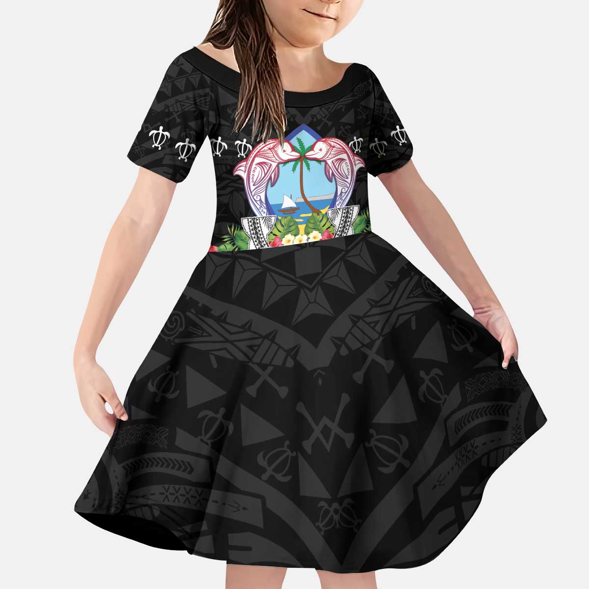 Guam Chamorro Kid Short Sleeve Dress Tribal Latte Stone With Dolphins Black