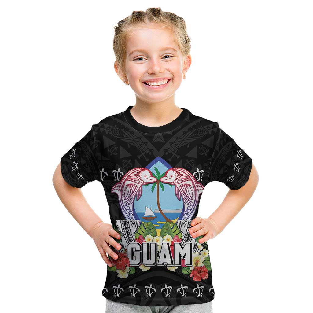Guam Chamorro Kid T Shirt Tribal Latte Stone With Dolphins Black