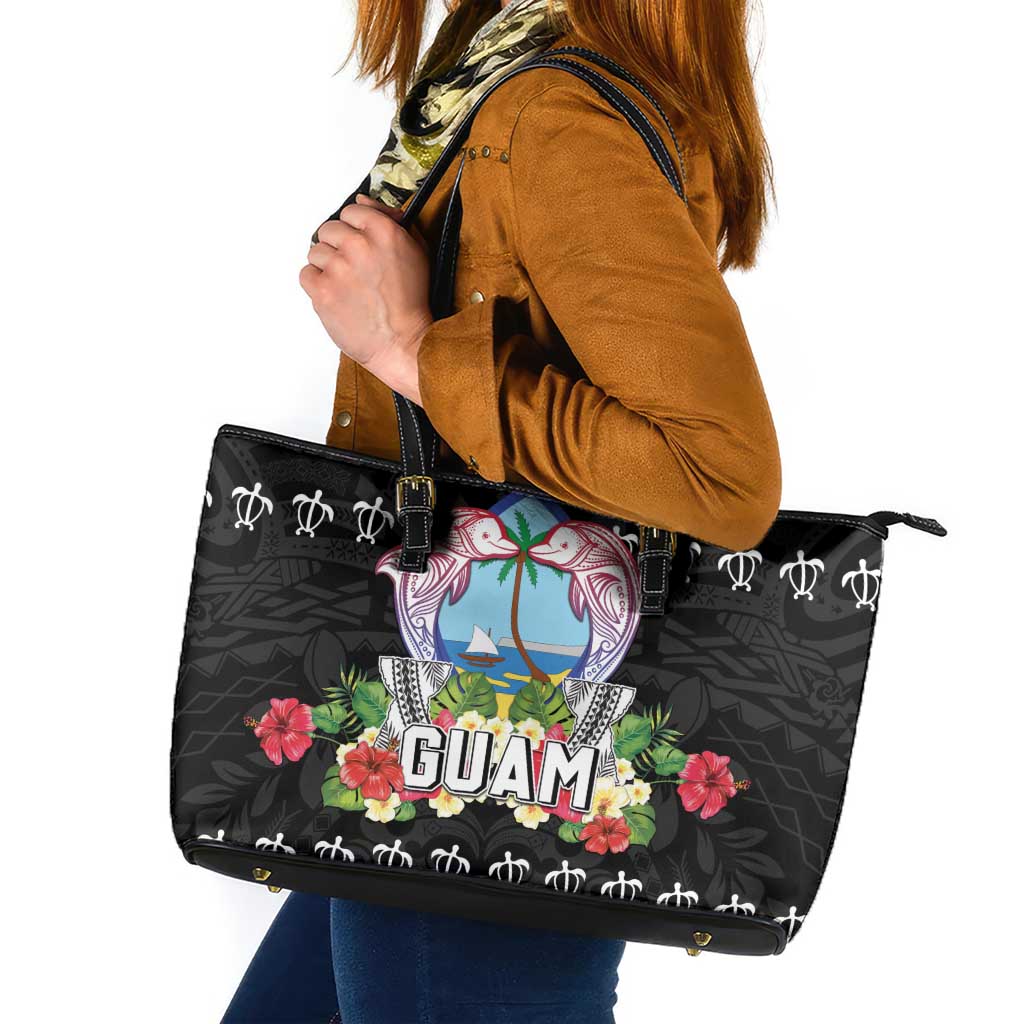 Guam Chamorro Leather Tote Bag Tribal Latte Stone With Dolphins Black