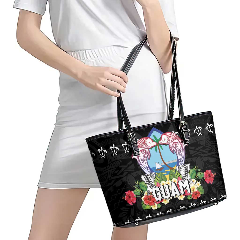 Guam Chamorro Leather Tote Bag Tribal Latte Stone With Dolphins Black