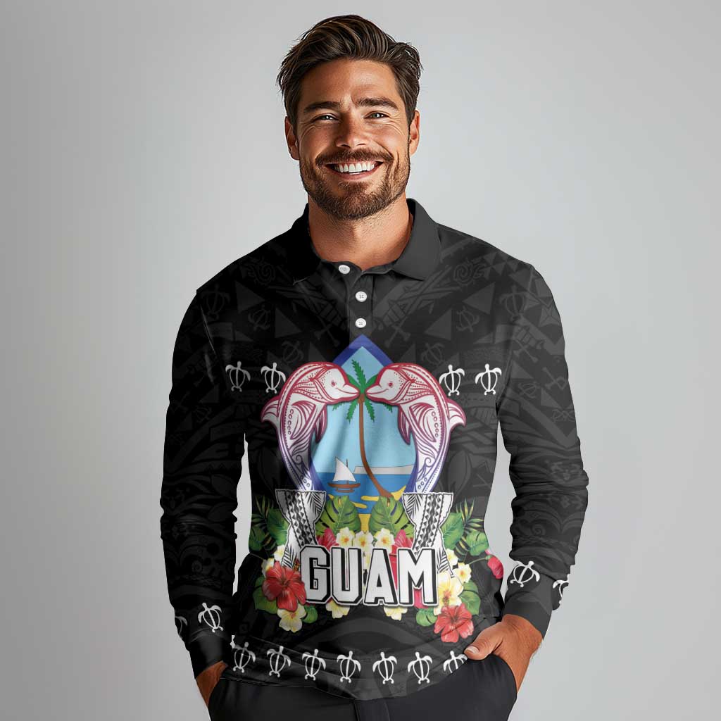 Guam Chamorro Long Sleeve Polo Shirt Tribal Latte Stone With Dolphins Black