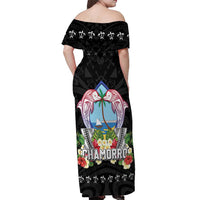 Guam Chamorro Off Shoulder Maxi Dress Tribal Latte Stone With Dolphins Black