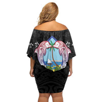 Guam Chamorro Off Shoulder Short Dress Tribal Latte Stone With Dolphins Black