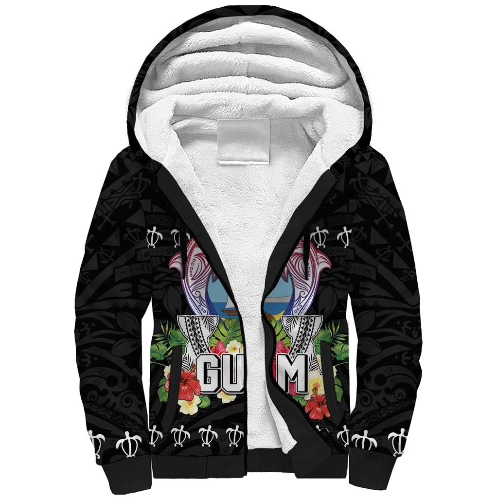 Guam Chamorro Sherpa Hoodie Tribal Latte Stone With Dolphins Black