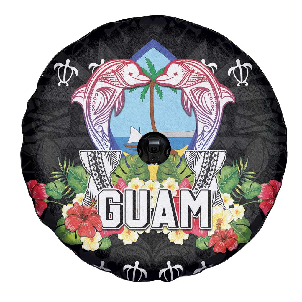 Guam Chamorro Spare Tire Cover Tribal Latte Stone With Dolphins Black