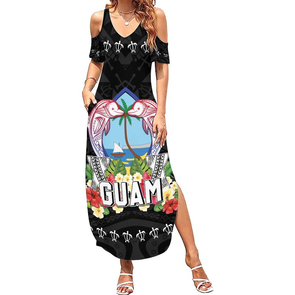 Guam Chamorro Summer Maxi Dress Tribal Latte Stone With Dolphins Black