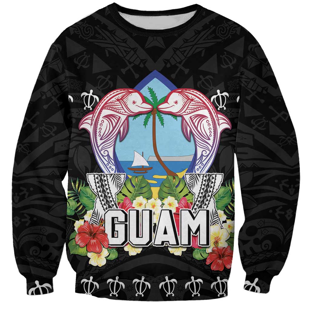 Guam Chamorro Sweatshirt Tribal Latte Stone With Dolphins Black