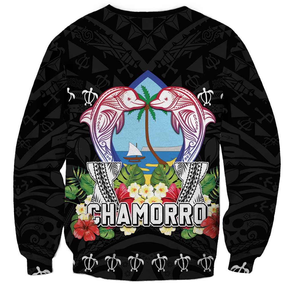 Guam Chamorro Sweatshirt Tribal Latte Stone With Dolphins Black