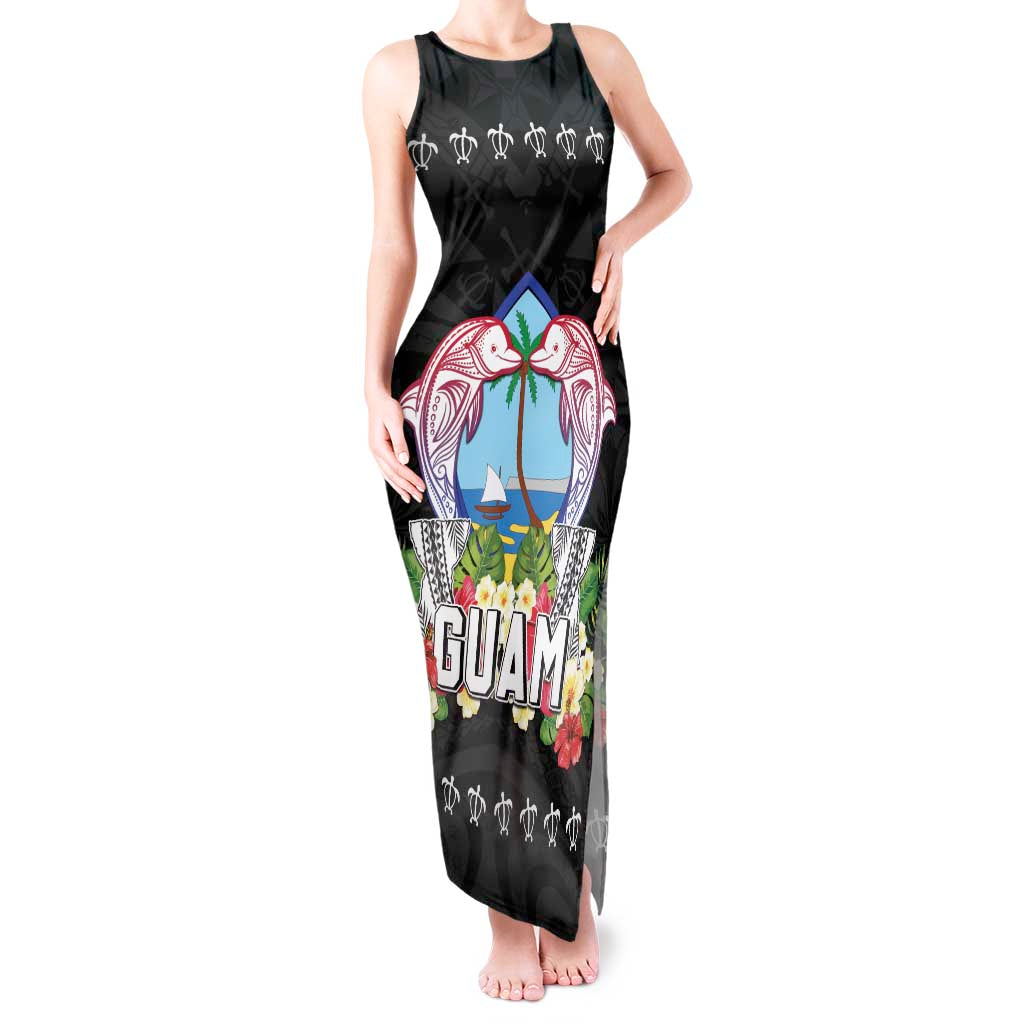 Guam Chamorro Tank Maxi Dress Tribal Latte Stone With Dolphins Black