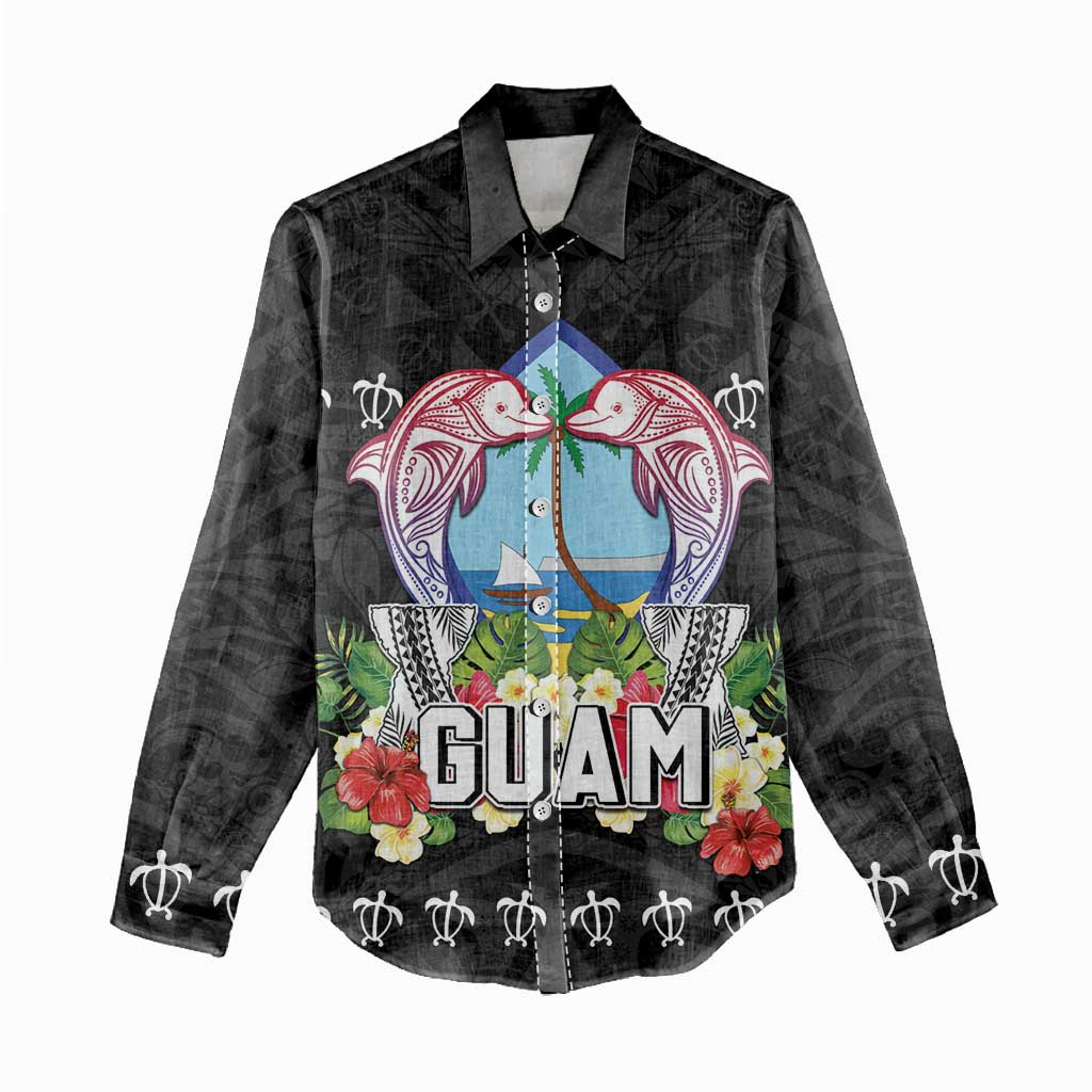 Guam Chamorro Women Casual Shirt Tribal Latte Stone With Dolphins Black