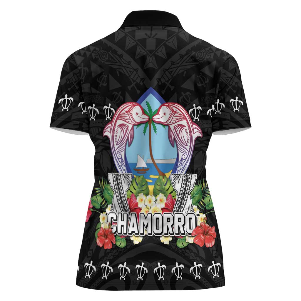Guam Chamorro Women Polo Shirt Tribal Latte Stone With Dolphins Black