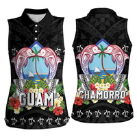 Guam Chamorro Women Sleeveless Polo Shirt Tribal Latte Stone With Dolphins Black