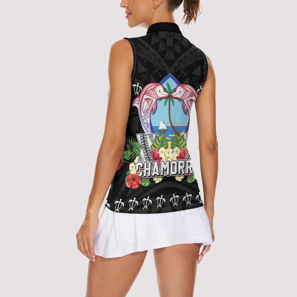 Guam Chamorro Women Sleeveless Polo Shirt Tribal Latte Stone With Dolphins Black