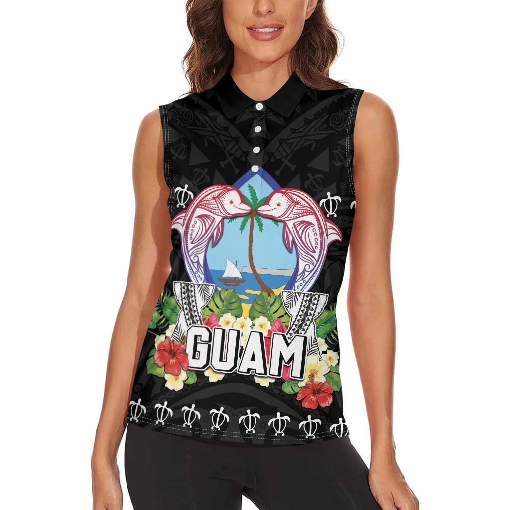 Guam Chamorro Women Sleeveless Polo Shirt Tribal Latte Stone With Dolphins Black
