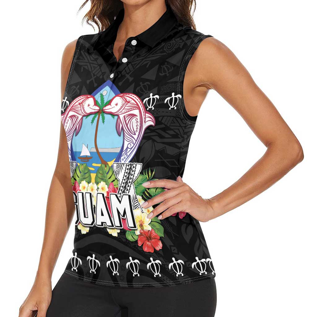 Guam Chamorro Women Sleeveless Polo Shirt Tribal Latte Stone With Dolphins Black