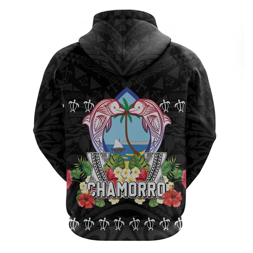 Guam Chamorro Zip Hoodie Tribal Latte Stone With Dolphins Black