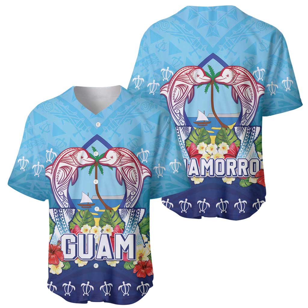 Guam Chamorro Baseball Jersey Tribal Latte Stone With Dolphins Blue