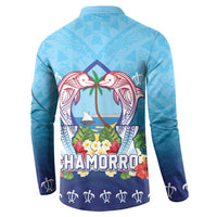 Guam Chamorro Button Sweatshirt Tribal Latte Stone With Dolphins Blue