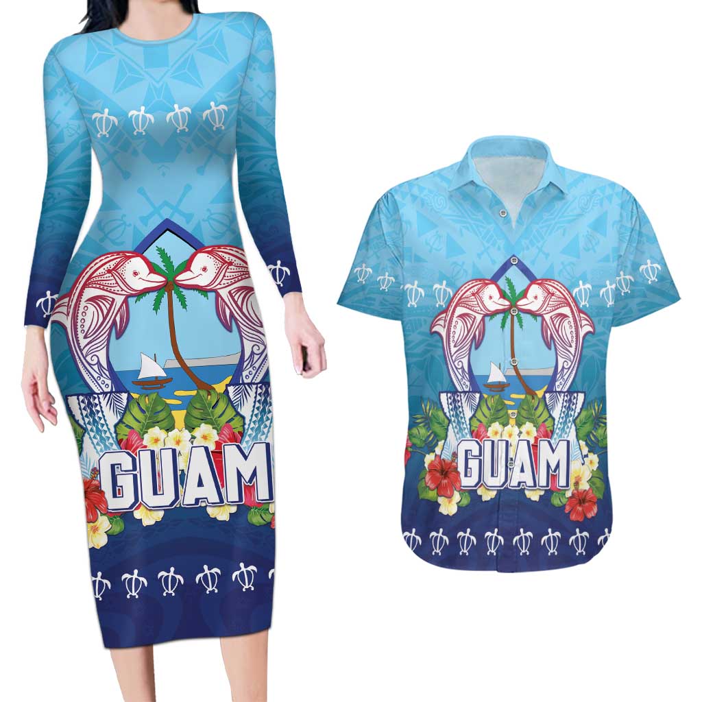 Guam Chamorro Couples Matching Long Sleeve Bodycon Dress and Hawaiian Shirt Tribal Latte Stone With Dolphins Blue