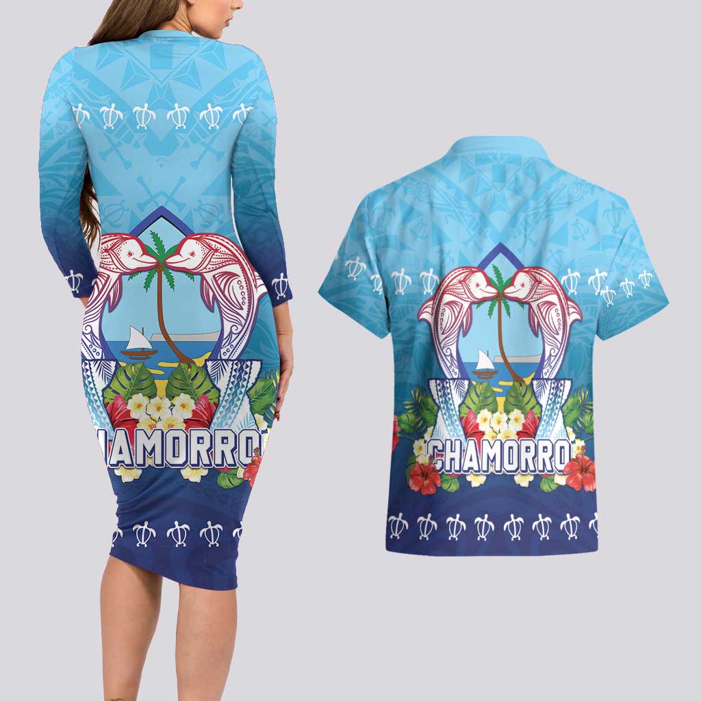 Guam Chamorro Couples Matching Long Sleeve Bodycon Dress and Hawaiian Shirt Tribal Latte Stone With Dolphins Blue