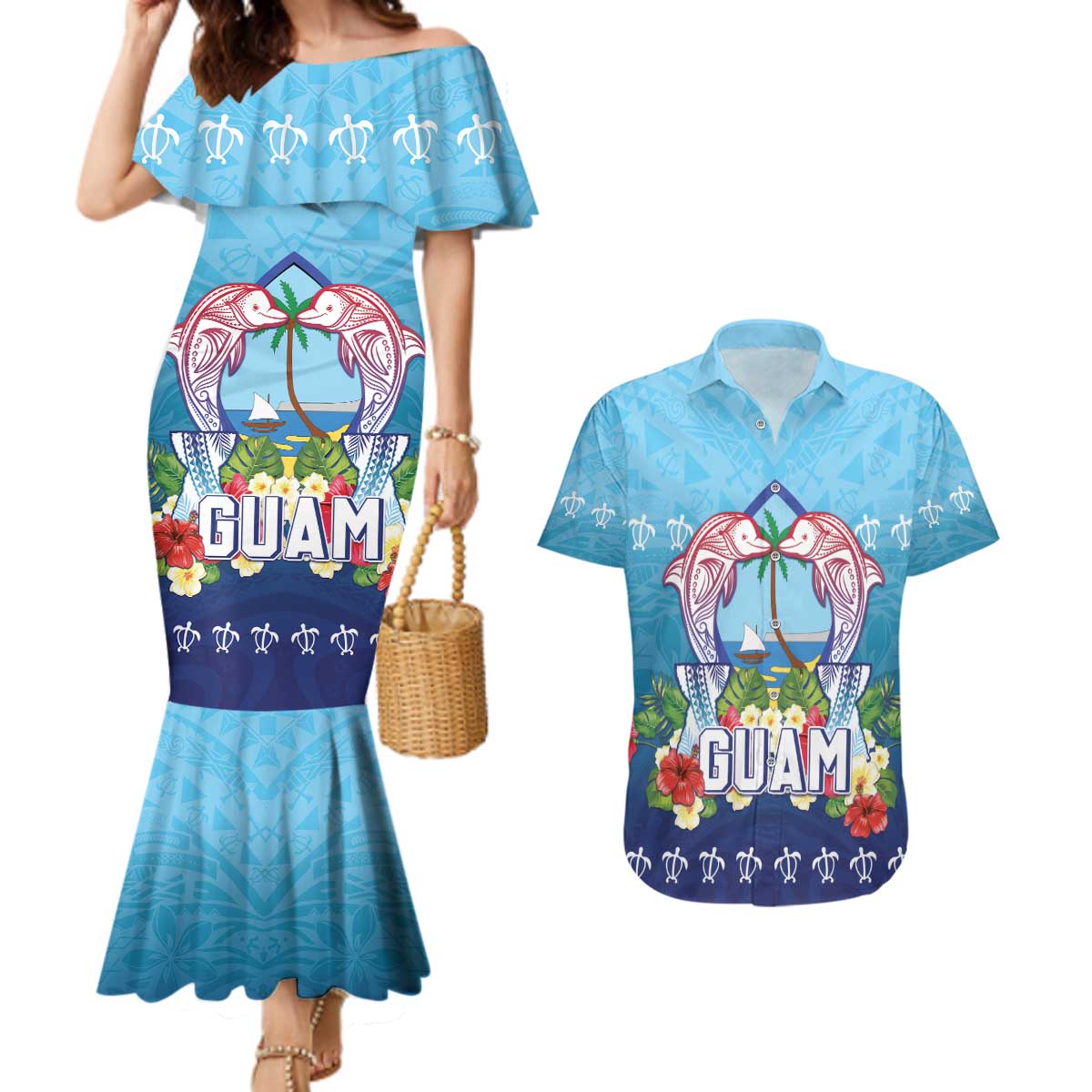 Guam Chamorro Couples Matching Mermaid Dress and Hawaiian Shirt Tribal Latte Stone With Dolphins Blue