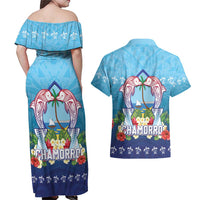 Guam Chamorro Couples Matching Off Shoulder Maxi Dress and Hawaiian Shirt Tribal Latte Stone With Dolphins Blue