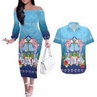 Guam Chamorro Couples Matching Off The Shoulder Long Sleeve Dress and Hawaiian Shirt Tribal Latte Stone With Dolphins Blue