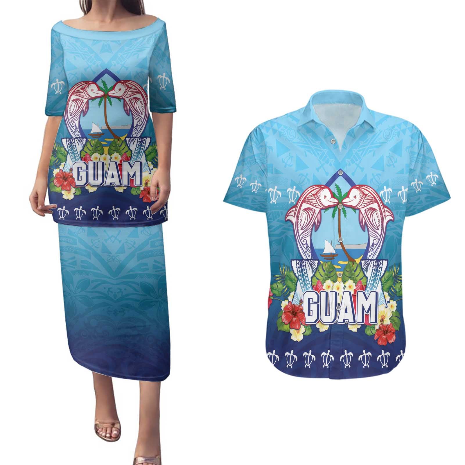 Guam Chamorro Couples Matching Puletasi and Hawaiian Shirt Tribal Latte Stone With Dolphins Blue