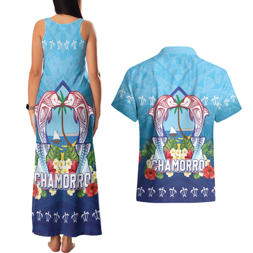 Guam Chamorro Couples Matching Tank Maxi Dress and Hawaiian Shirt Tribal Latte Stone With Dolphins Blue