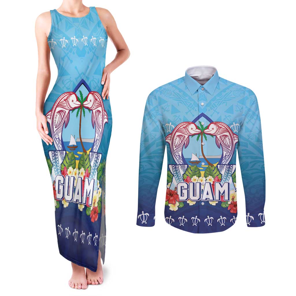Guam Chamorro Couples Matching Tank Maxi Dress and Long Sleeve Button Shirt Tribal Latte Stone With Dolphins Blue