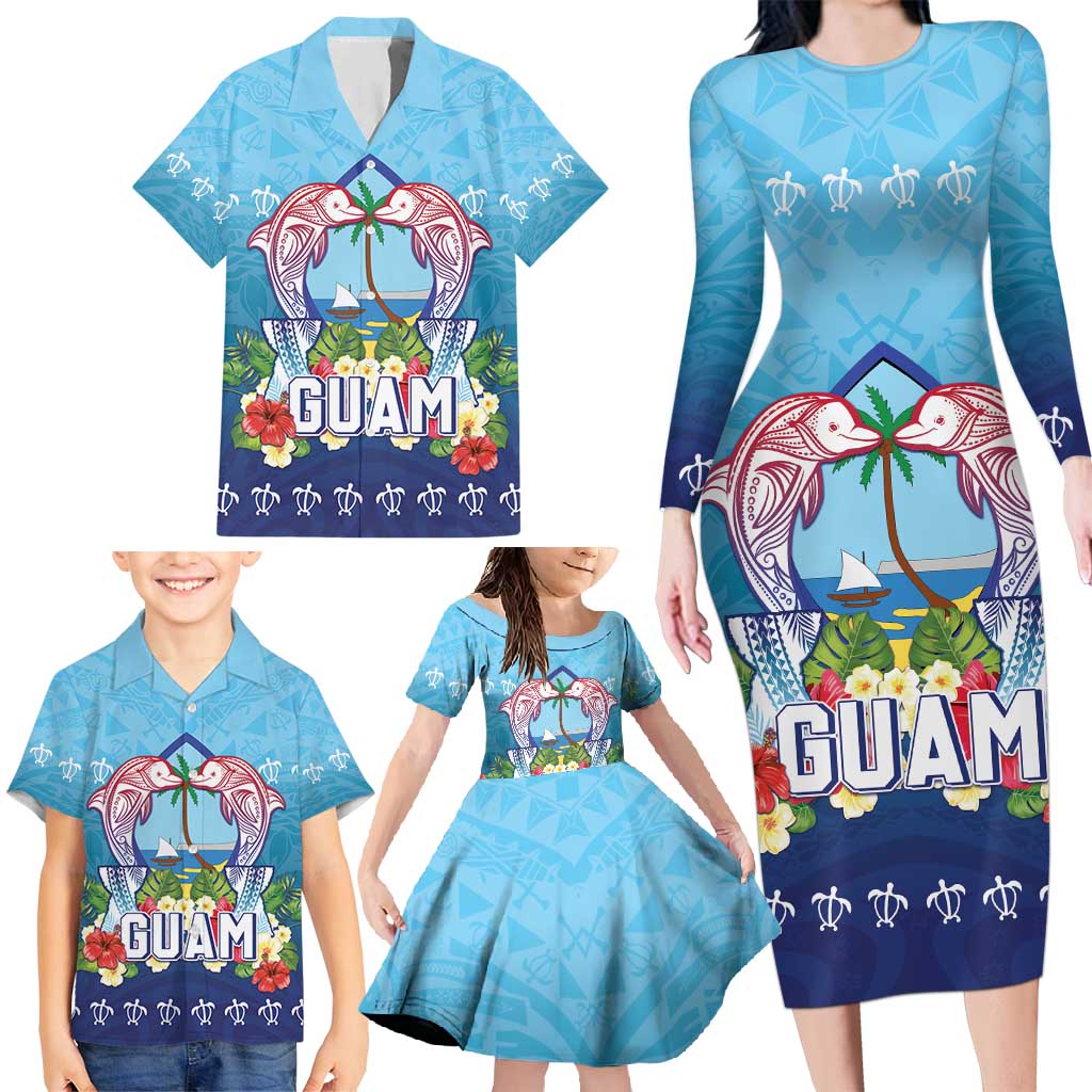 Guam Chamorro Family Matching Long Sleeve Bodycon Dress and Hawaiian Shirt Tribal Latte Stone With Dolphins Blue
