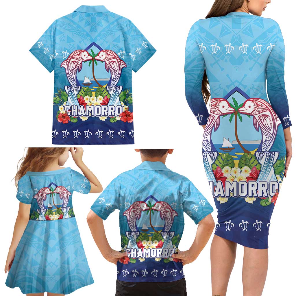 Guam Chamorro Family Matching Long Sleeve Bodycon Dress and Hawaiian Shirt Tribal Latte Stone With Dolphins Blue
