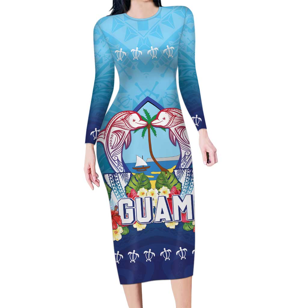 Guam Chamorro Family Matching Long Sleeve Bodycon Dress and Hawaiian Shirt Tribal Latte Stone With Dolphins Blue